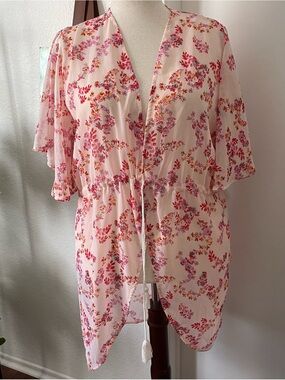 Lauren Conrad Floral Kimono Cover Up Pink Boho Tassel Tie Resort Beach One Size